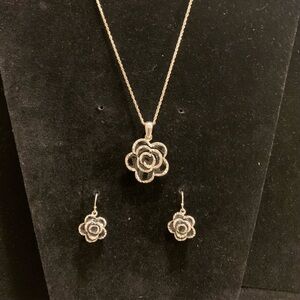 2/$15 Enamel Black With Silver Floral Set
 Necklace and matching earrings